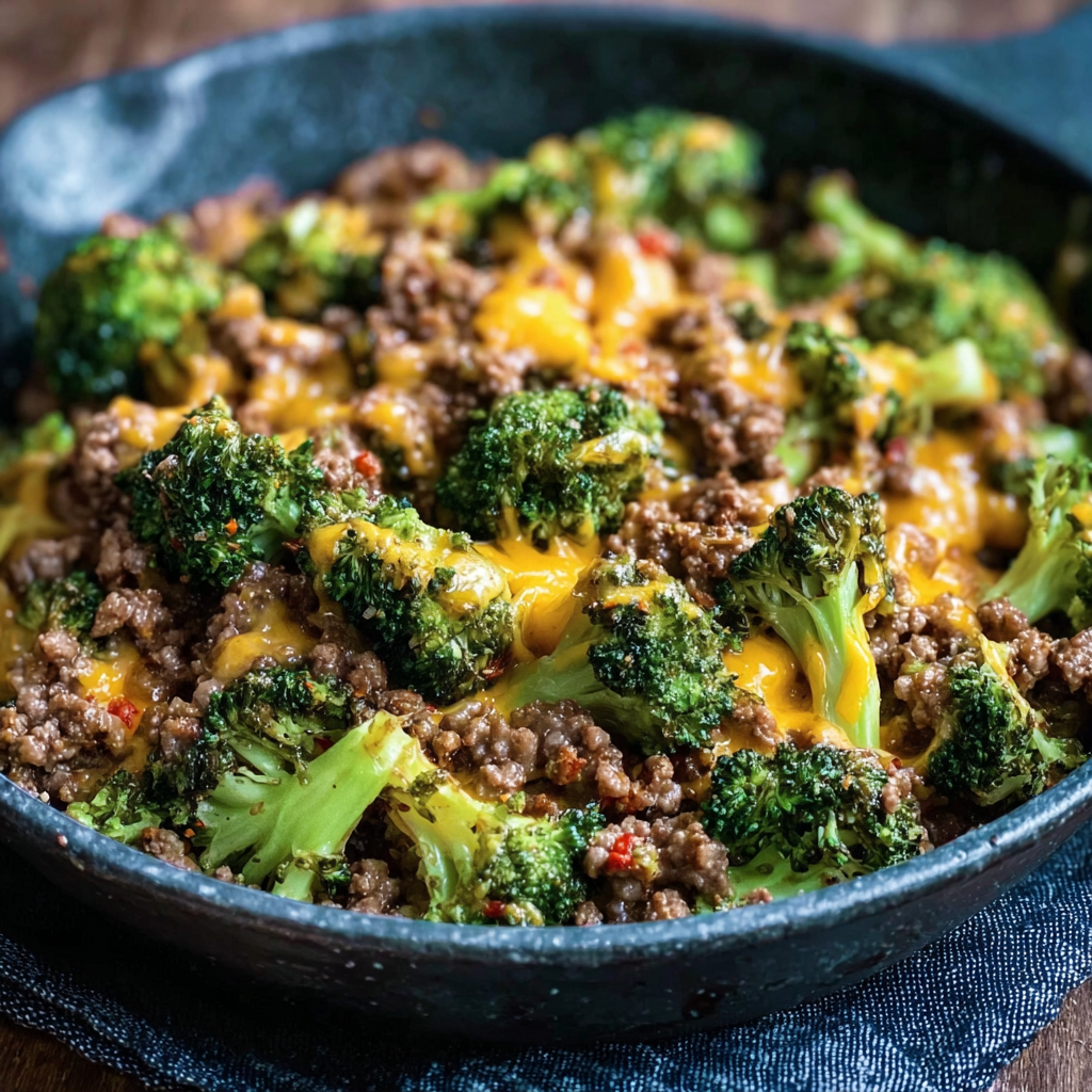 Quick Keto Hamburger Broccoli Skillet with Cheddar Cheese