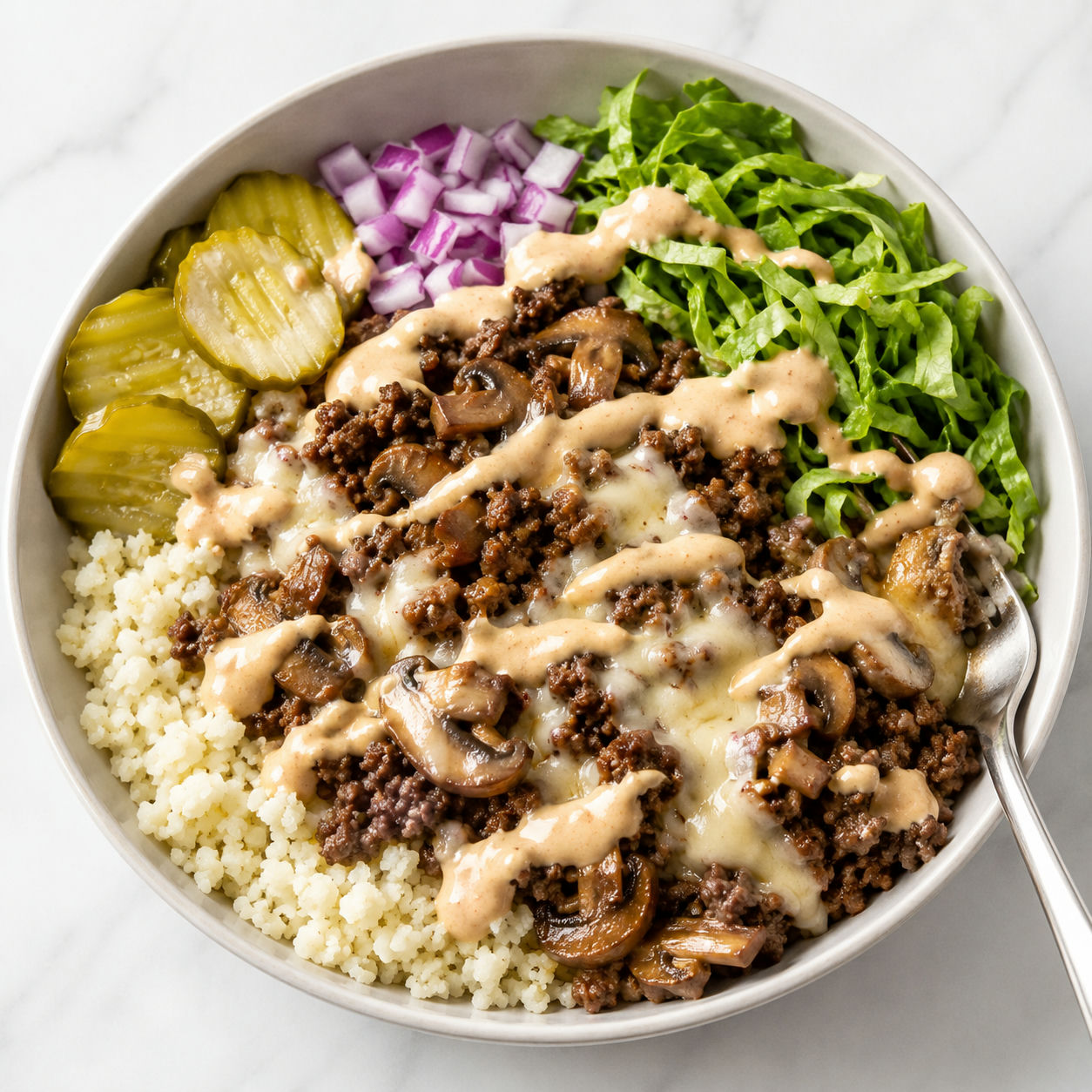 Keto mushroom Swiss burger bowl with beef, mushrooms, pickles, and sauce