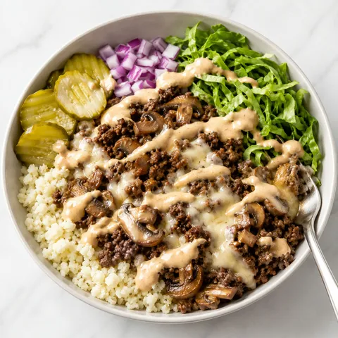 Keto mushroom Swiss burger bowl with beef, mushrooms, pickles, and sauce