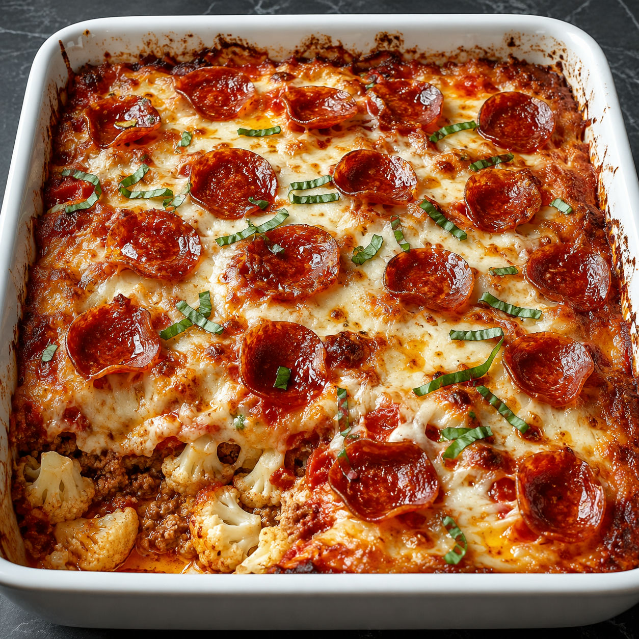Keto pepperoni pizza casserole with melted cheese and crisp pepperoni