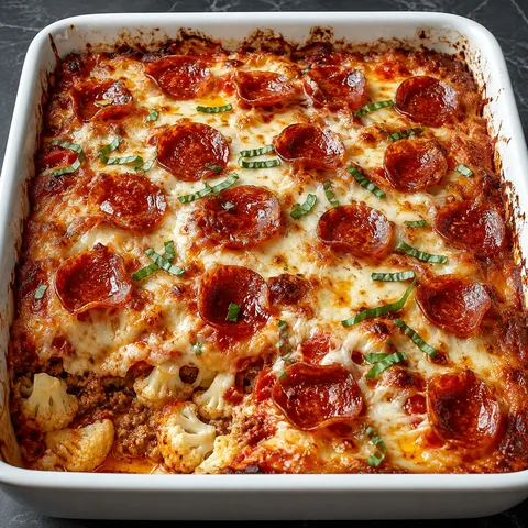 Keto pepperoni pizza casserole with melted cheese and crisp pepperoni