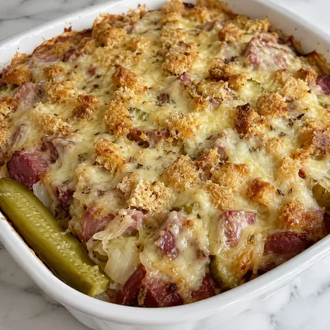 Keto Reuben Casserole with melted Swiss, corned beef, and sauerkraut