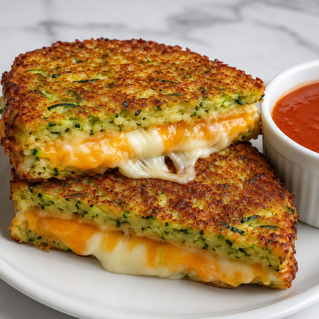 Keto zucchini crusted grilled cheese with melted cheddar and crisp edges