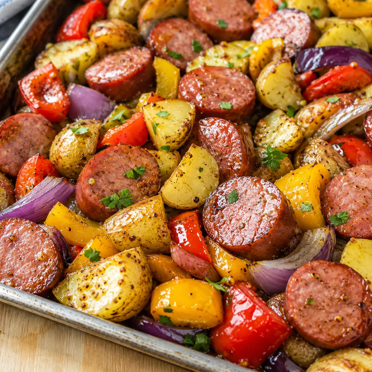 Kielbasa sheet pan dinner with potatoes, peppers, onions, and parsley
