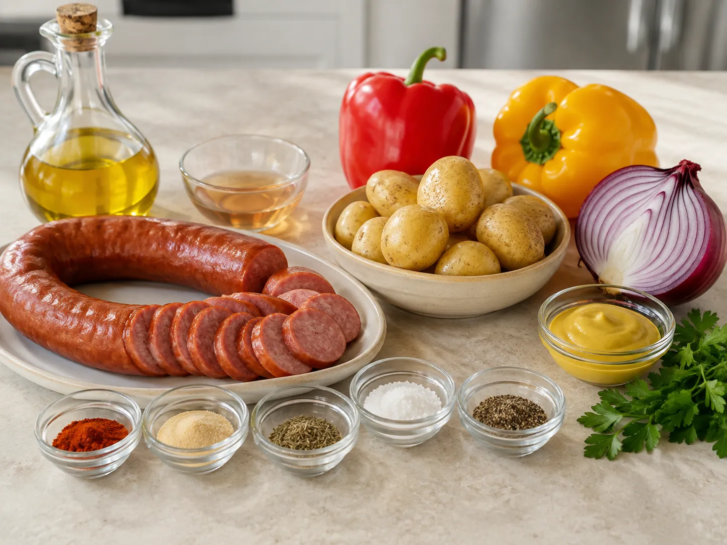 Kielbasa, potatoes, peppers, onion, mustard, and seasonings on a counter