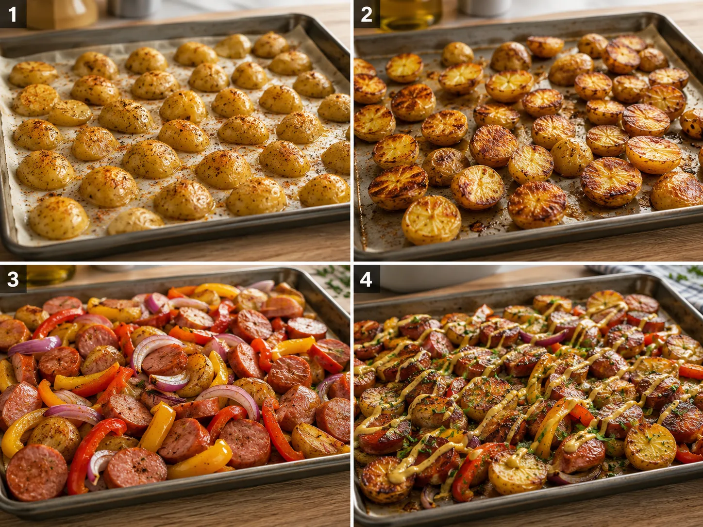 Four steps for roasting kielbasa, potatoes, peppers, and onions