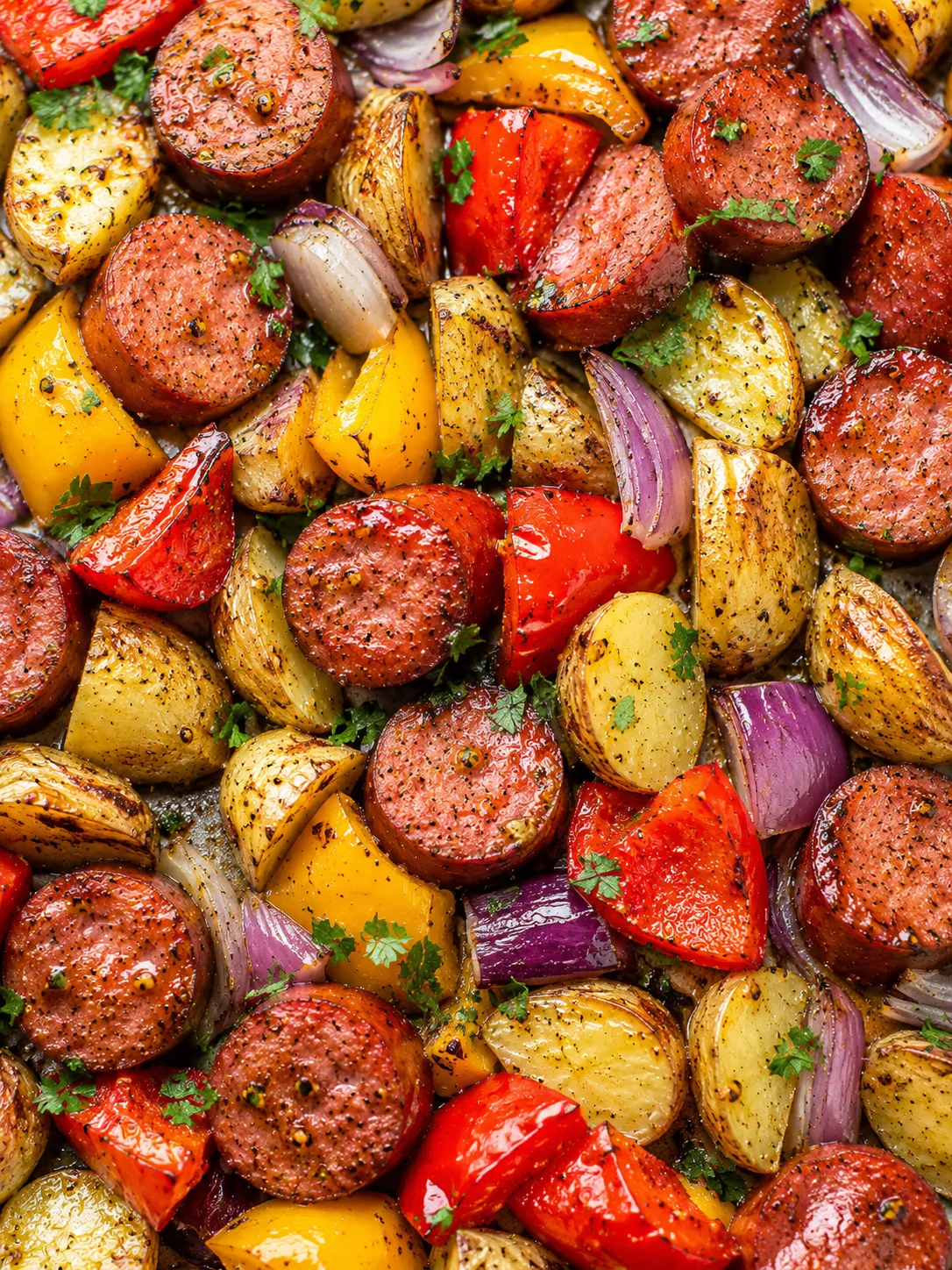 Roasted kielbasa, potatoes, peppers, and onions with parsley
