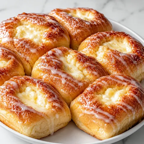 King's Hawaiian cheesecake danishes with cream cheese filling and powdered sugar glaze on a white plate