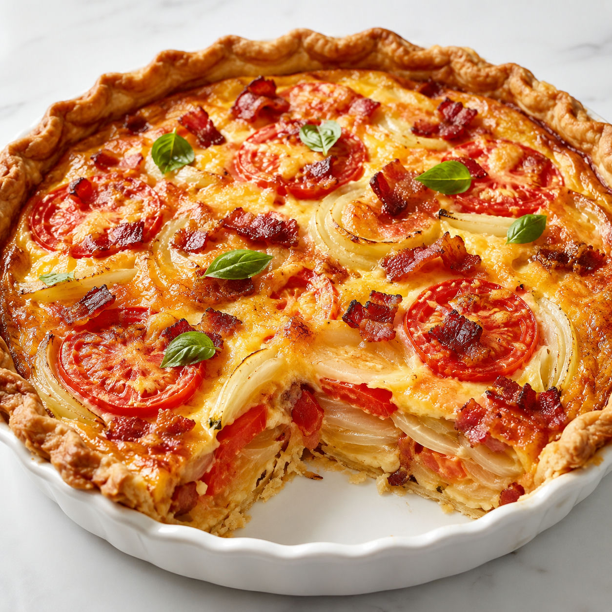 Layered bacon tomato onion pie with golden cheese and basil