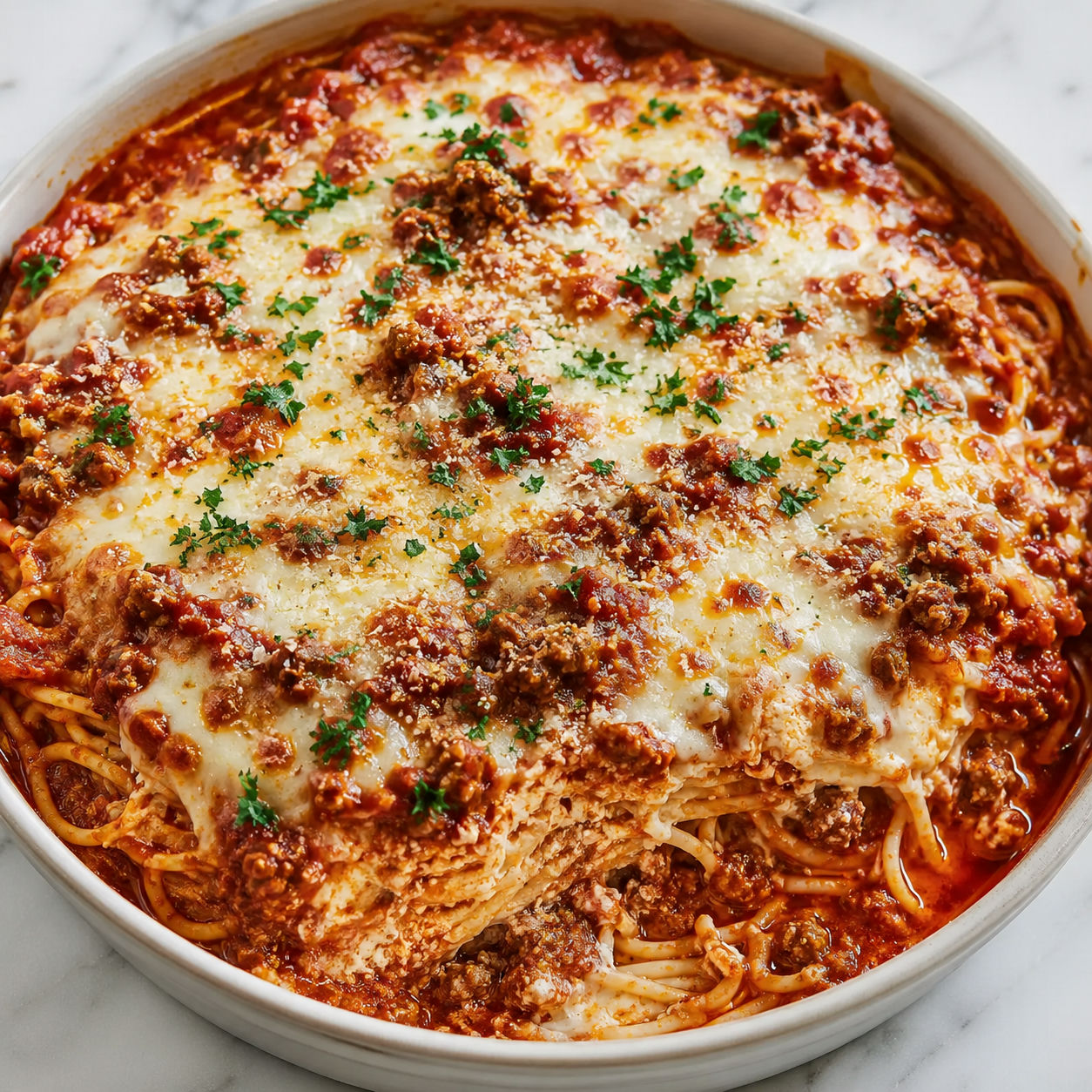 Layered baked cream cheese spaghetti with meat sauce and melted mozzarella