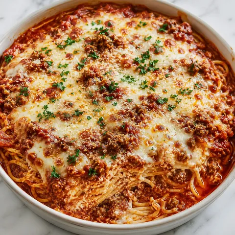 Layered baked cream cheese spaghetti with meat sauce and melted mozzarella