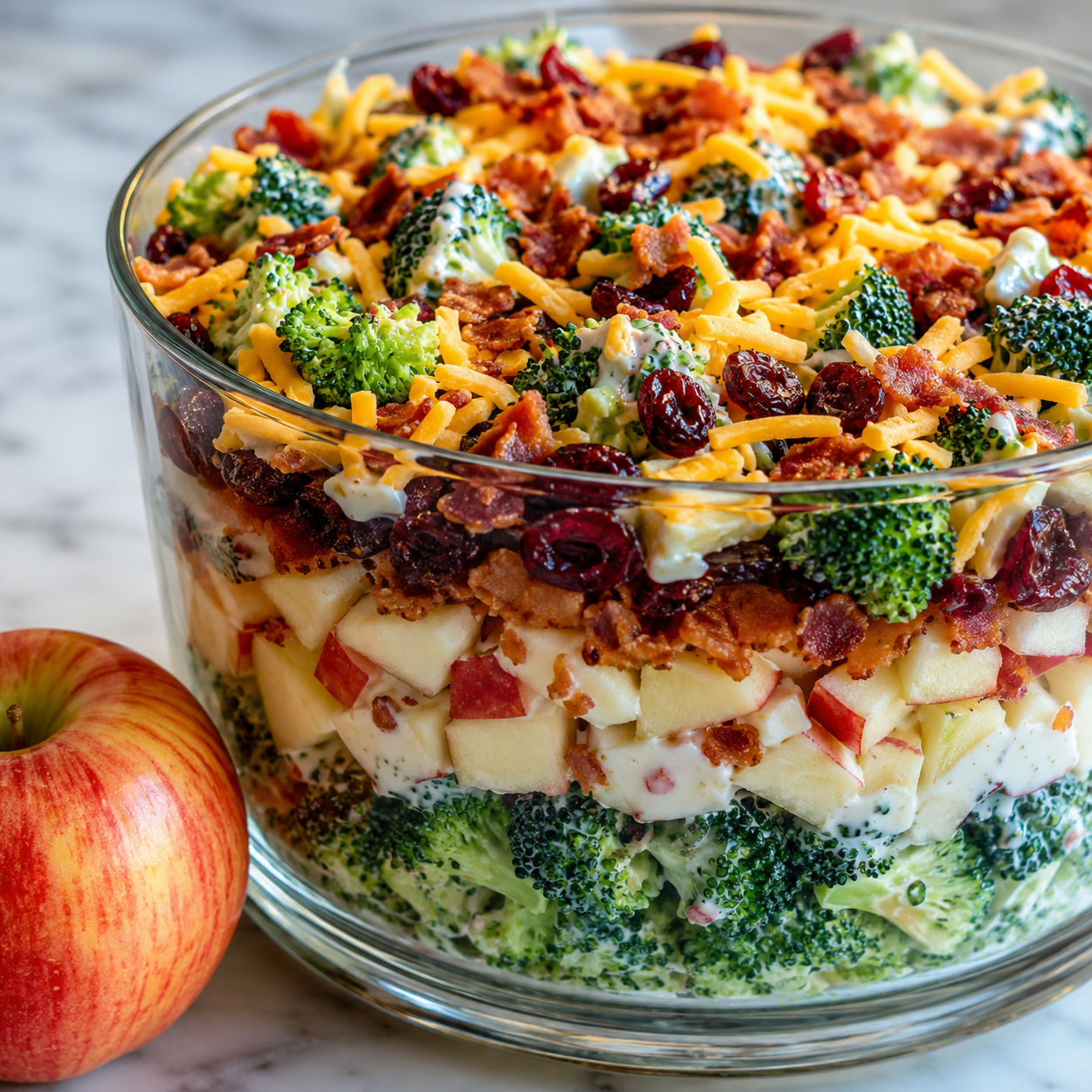 Layered Honeycrisp apple broccoli salad in a clear trifle bowl with bacon, cheddar, and cranberries