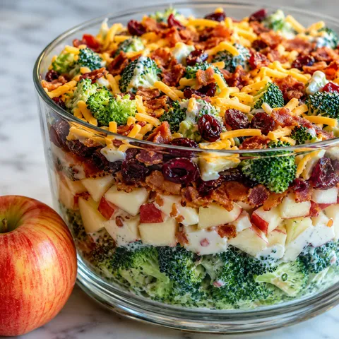 Layered Honeycrisp apple broccoli salad in a clear trifle bowl with bacon, cheddar, and cranberries