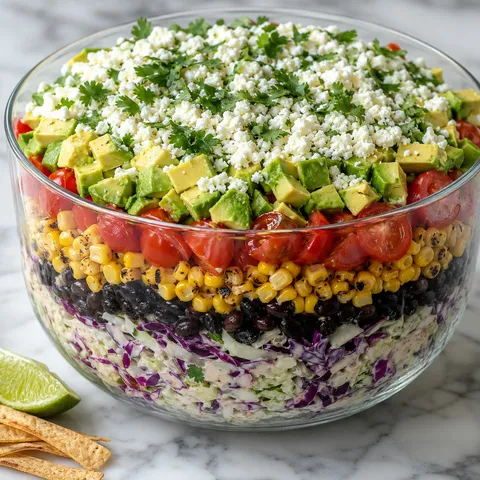 Layered Mexican coleslaw tomato corn salad in a clear trifle bowl with cotija and cilantro