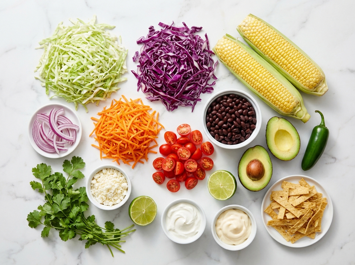 Raw ingredients for layered Mexican coleslaw tomato corn salad on a marble surface