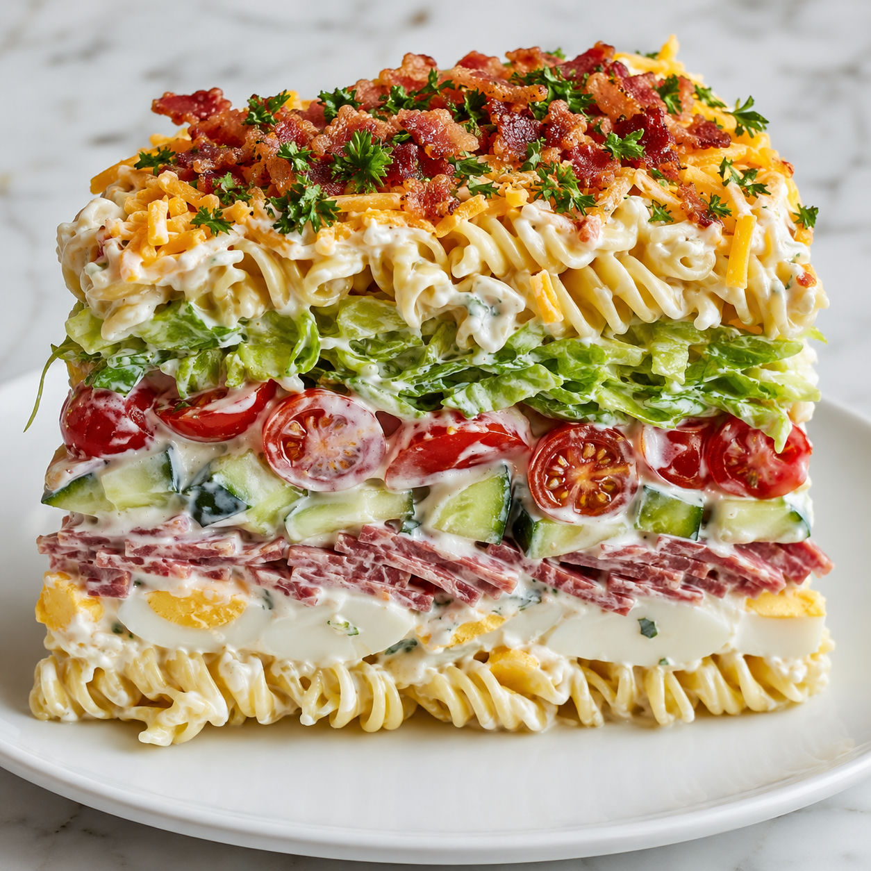 Wedge of layered pasta salad stack showing rotini, romaine, cherry tomatoes, salami, eggs, and cheddar layers on a white plate