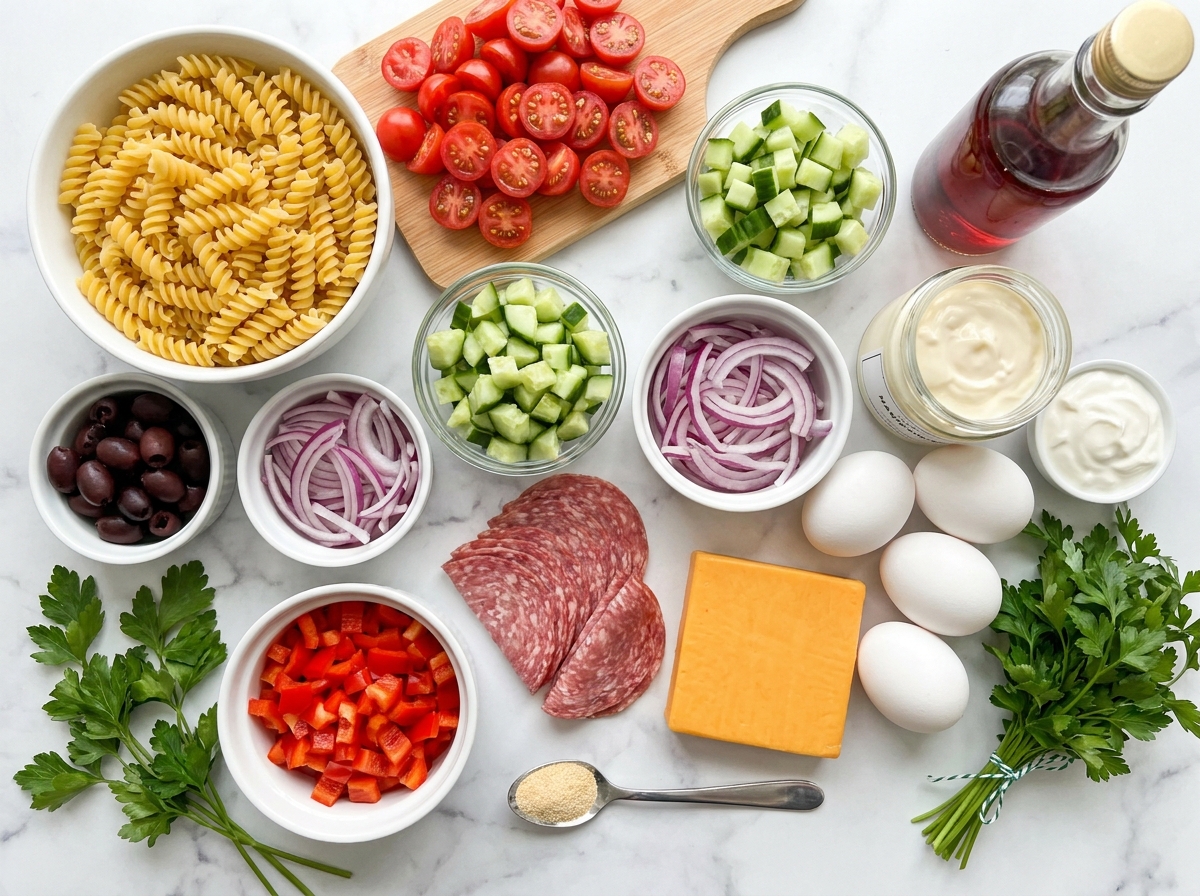 Raw ingredients for layered pasta salad stack including rotini, cherry tomatoes, cucumber, salami, eggs, and cheddar on marble