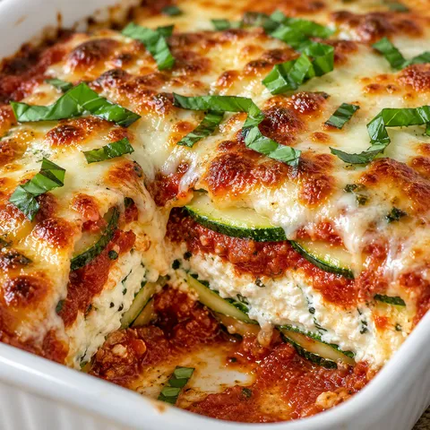 Layered zucchini ricotta melts with marinara and golden mozzarella in a ceramic baking dish