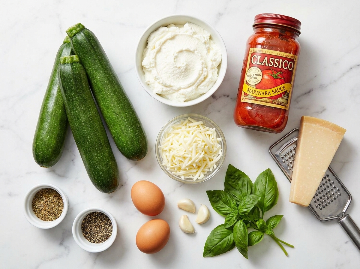 Raw ingredients for zucchini ricotta melts including zucchini, ricotta, marinara, and mozzarella