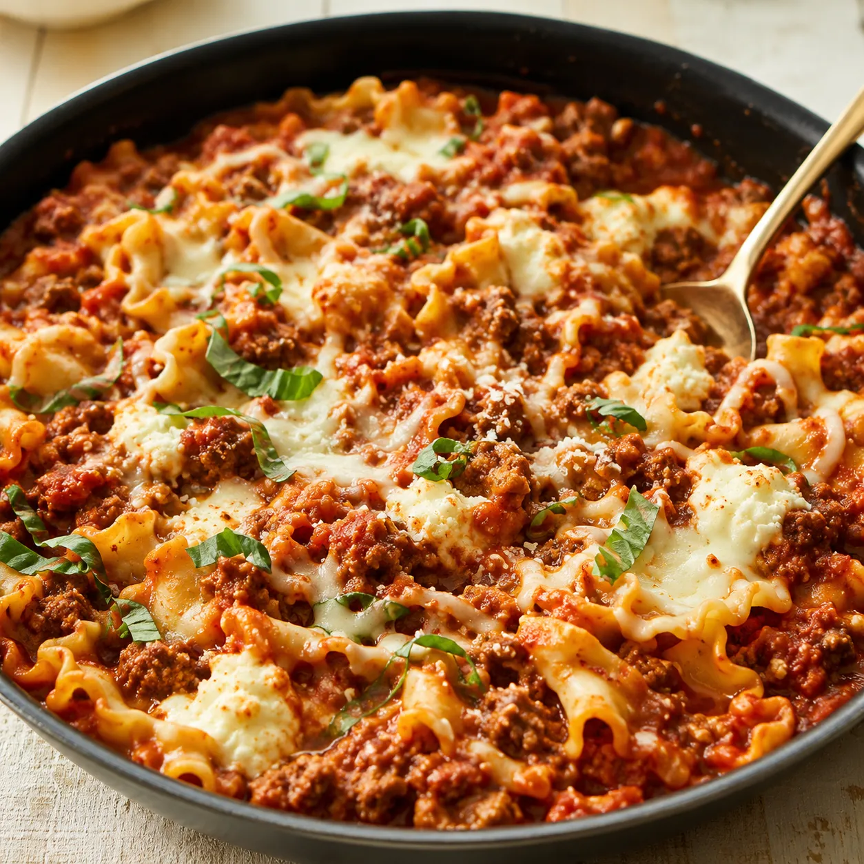 Lazy lasagna skillet with beef, tomato sauce, ricotta, mozzarella, and basil