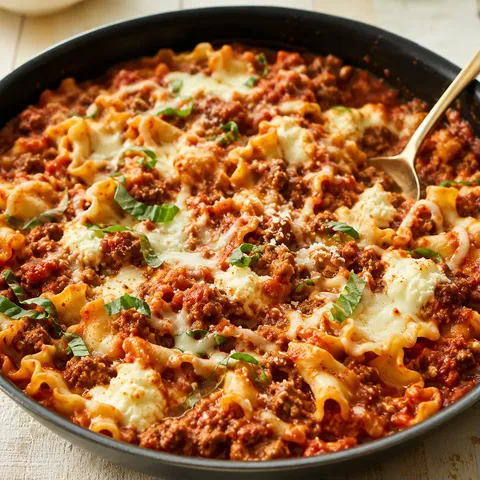 Lazy lasagna skillet with beef, tomato sauce, ricotta, mozzarella, and basil