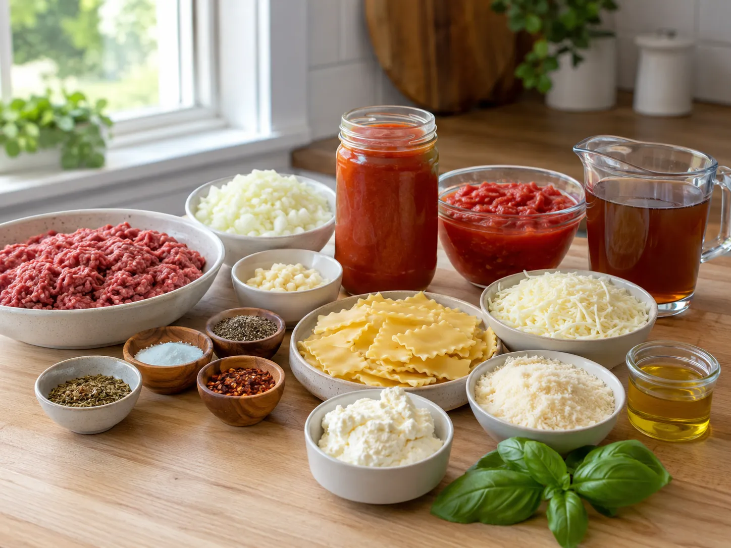 Ingredients for lazy lasagna skillet with beef, noodles, tomato sauce, and cheeses