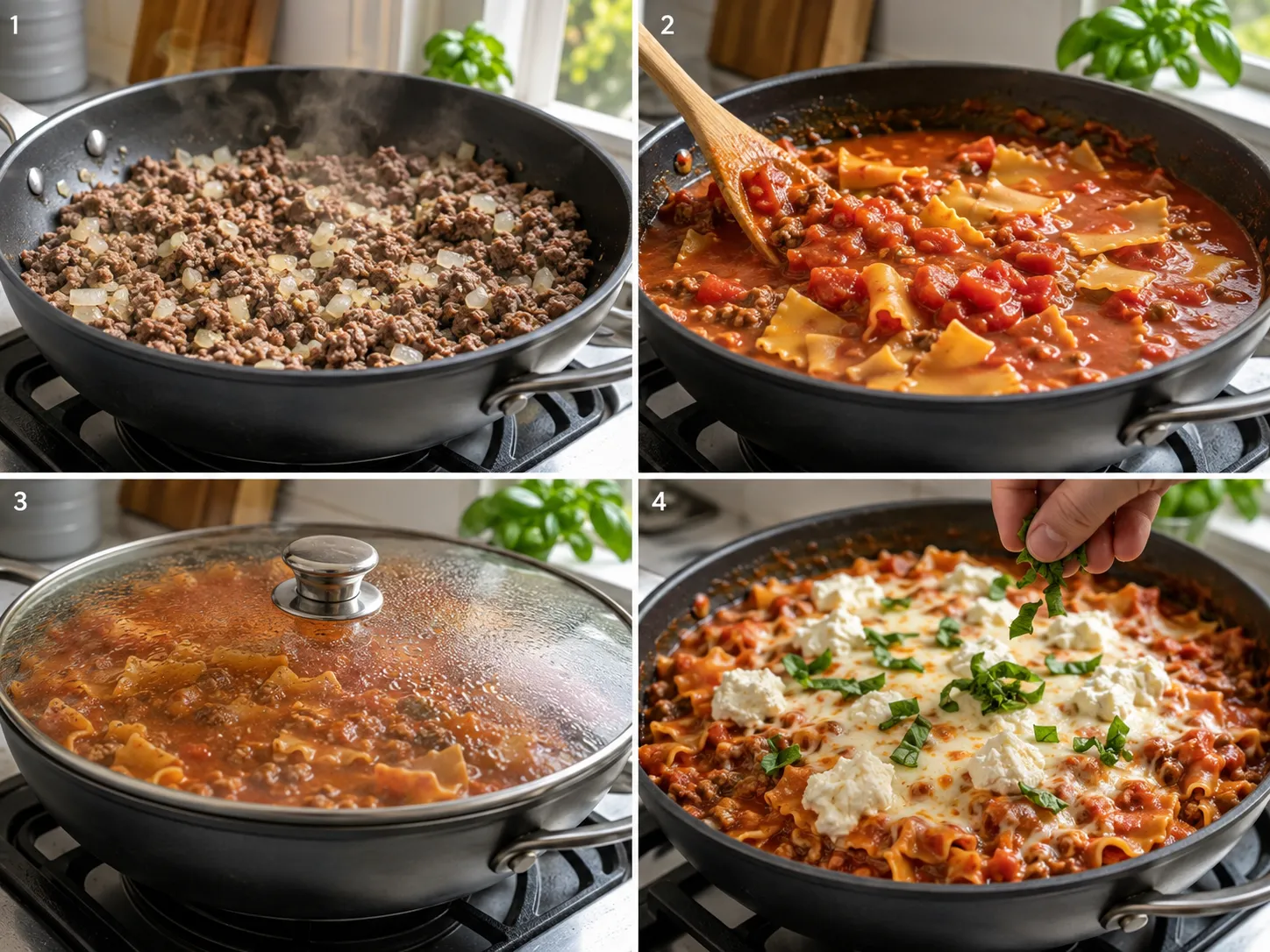 Four steps for making lazy lasagna skillet from browning beef to melting cheese