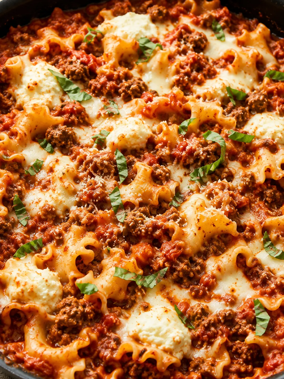 Cheesy lazy lasagna skillet with tomato beef sauce, ricotta, and basil