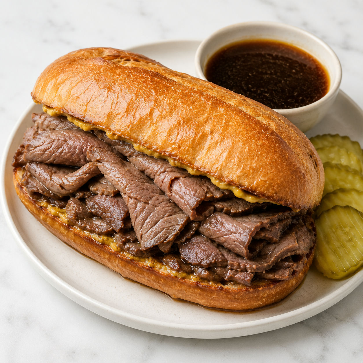 LA French dip sandwich with sliced beef, toasted roll, and hot jus