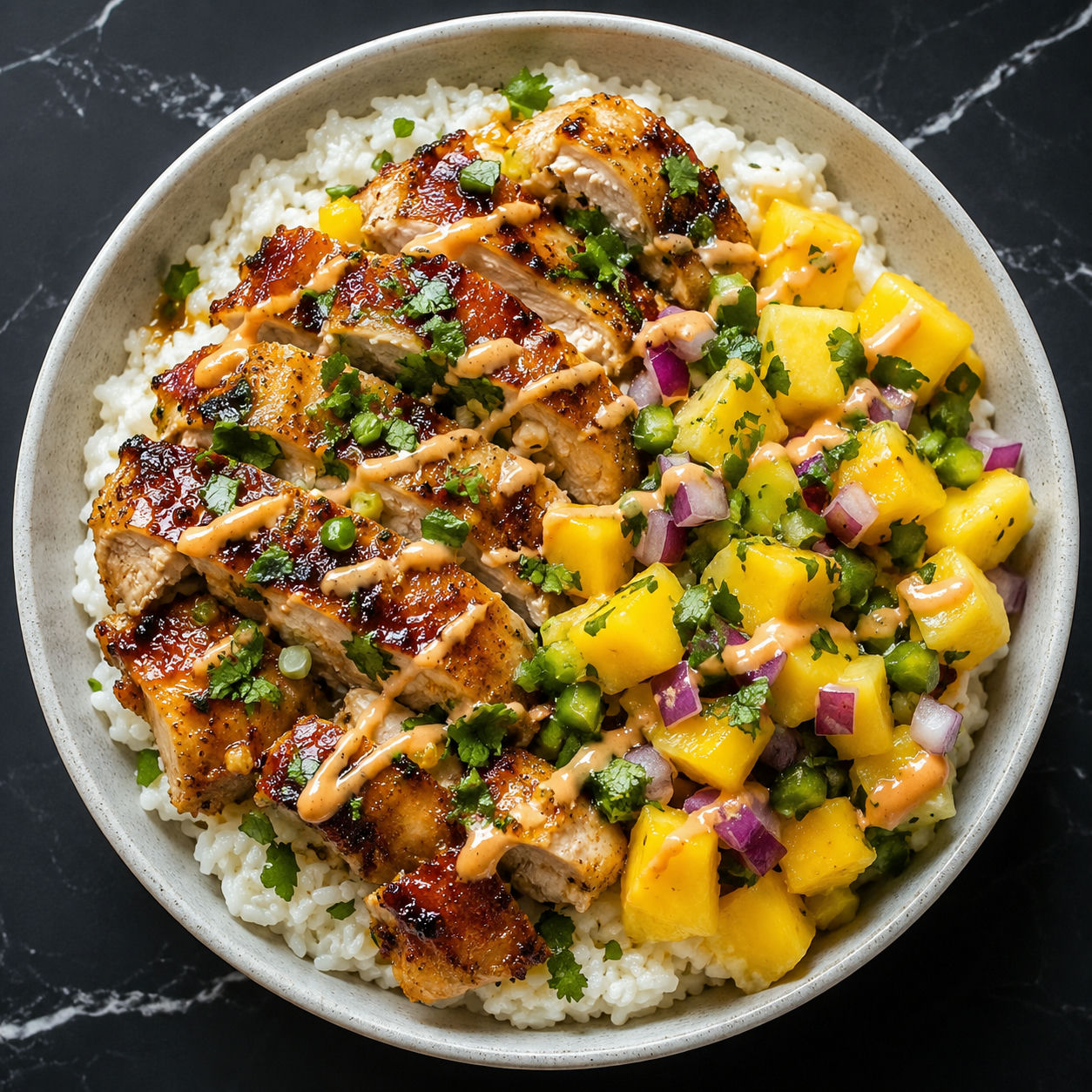 Lemon ginger chicken bowl with pineapple mango salsa and coconut rice