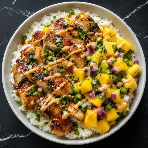 Lemon ginger chicken bowl with pineapple mango salsa and coconut rice