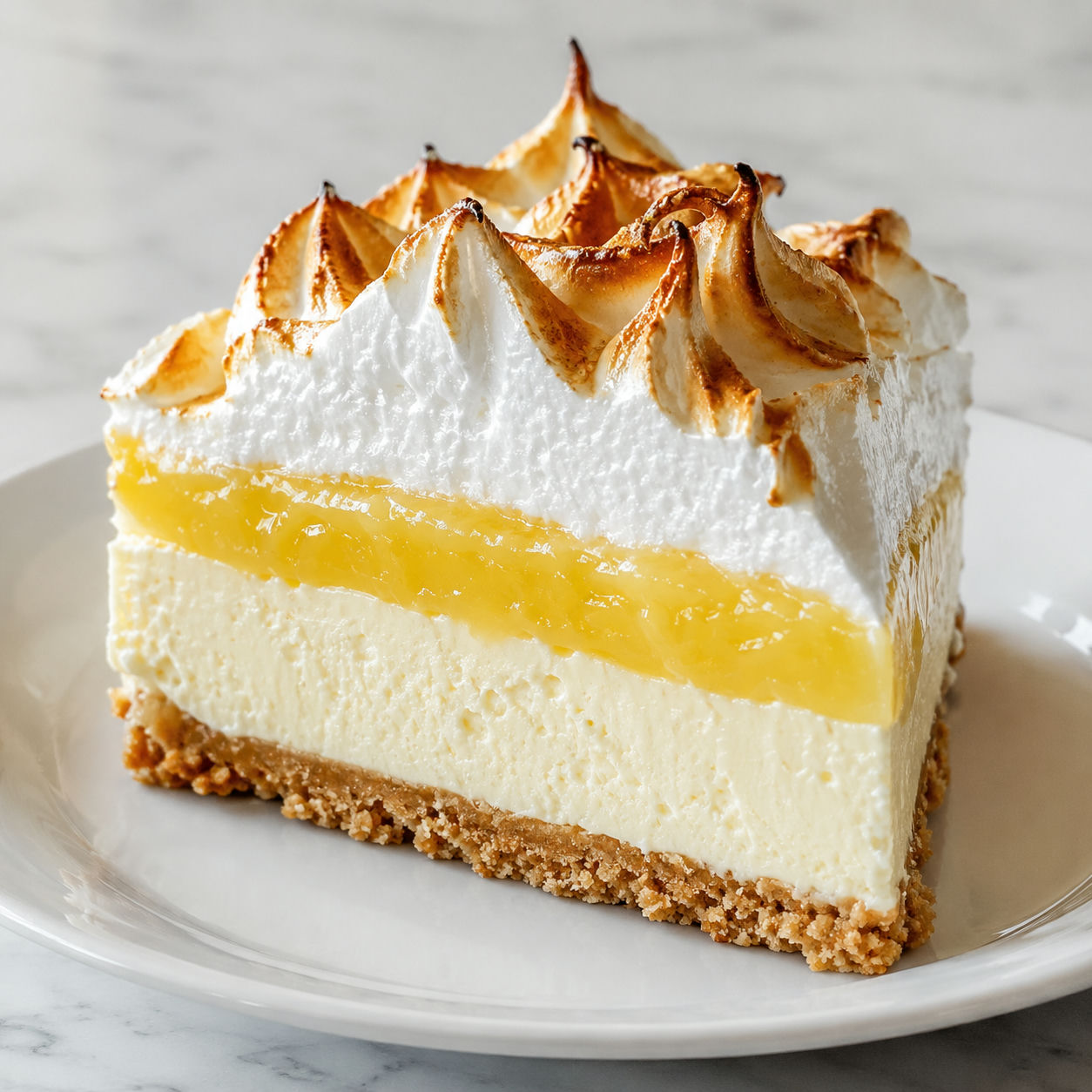 Slice of lemon meringue cheesecake with four layers and toasted meringue peaks on marble
