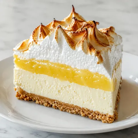 Slice of lemon meringue cheesecake with four layers and toasted meringue peaks on marble