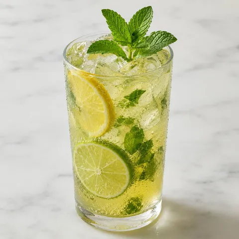 Limoncello Mojito with mint, lemon, lime, ice, and bubbles