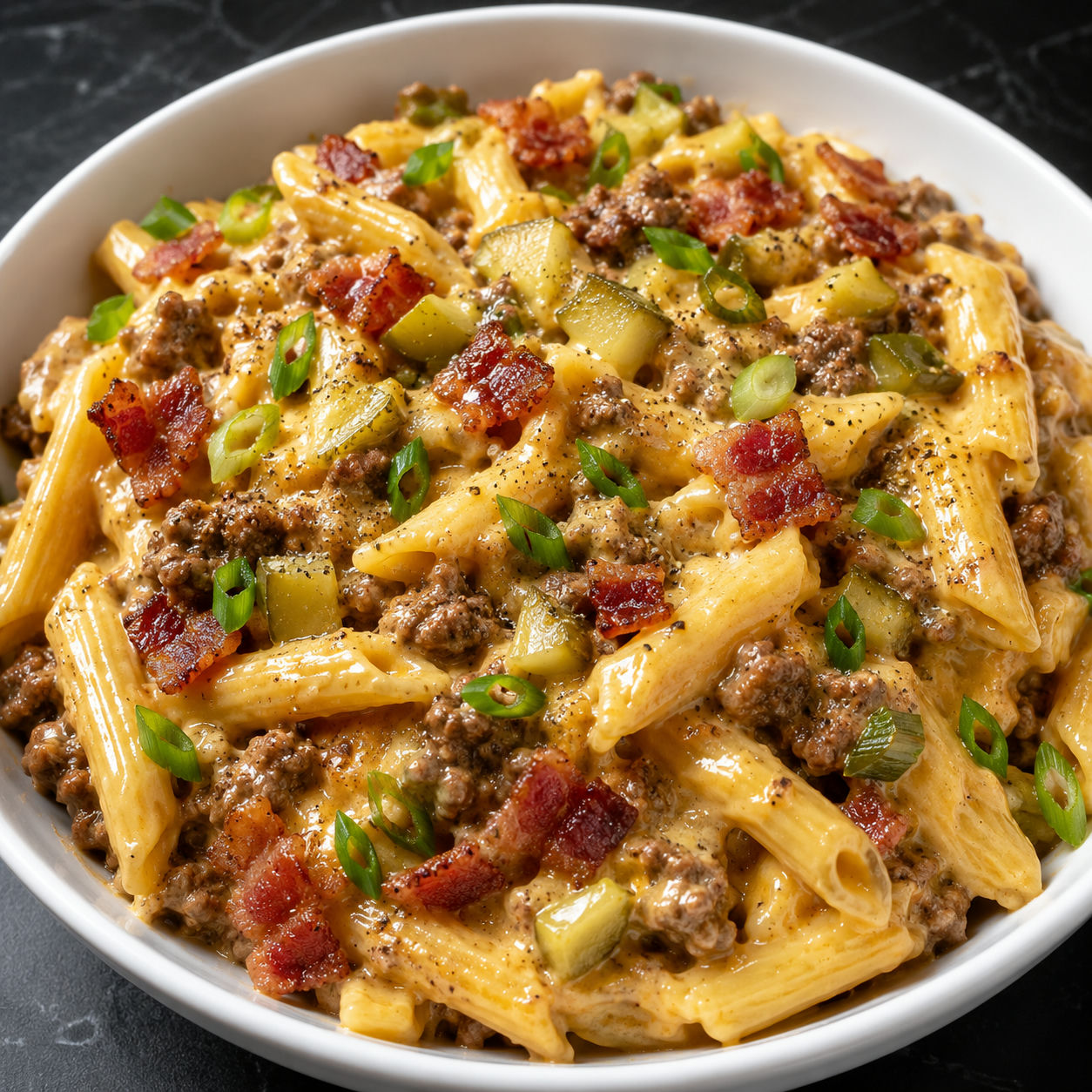 Loaded bacon cheeseburger Alfredo pasta with beef, bacon, pickles, and scallions