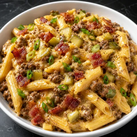 Loaded bacon cheeseburger Alfredo pasta with beef, bacon, pickles, and scallions