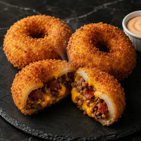 Crispy loaded bacon cheeseburger onion rings on a slate board with one cut open showing melted cheddar and beef filling