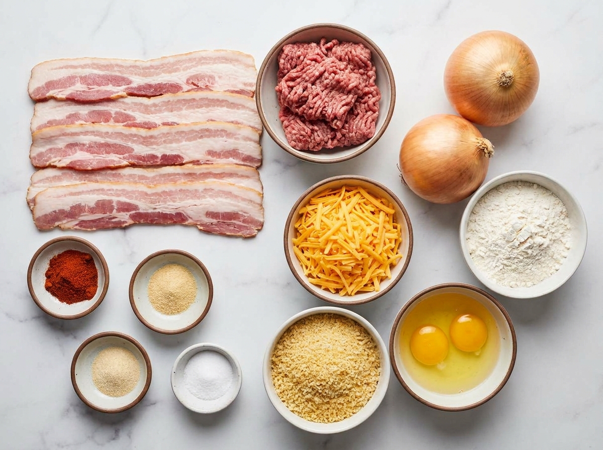 Raw ingredients for bacon cheeseburger onion rings on a wooden surface including beef, bacon, cheddar, onions, panko, and eggs