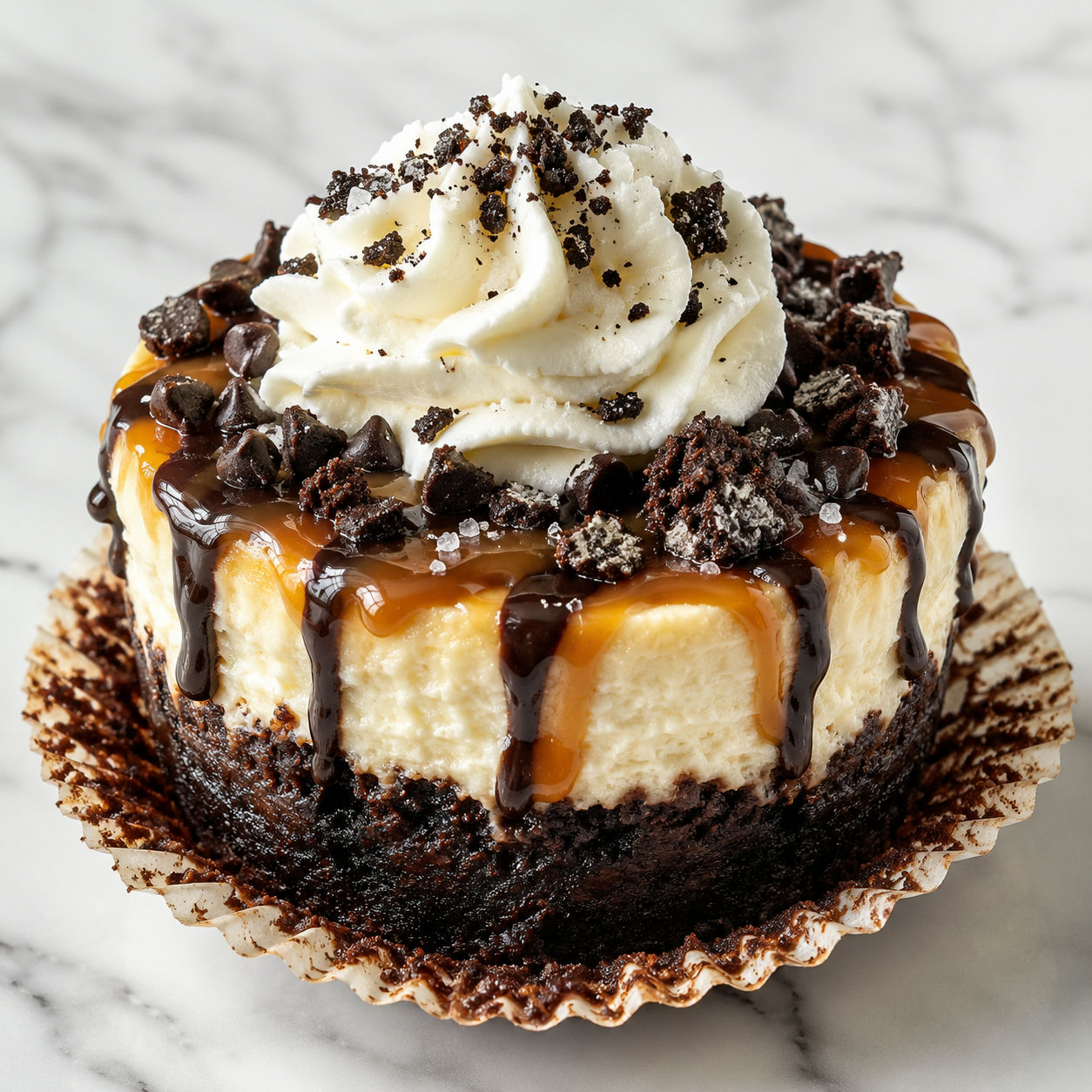 Loaded brownie cheesecake cup with caramel drizzle, Oreos, and whipped cream