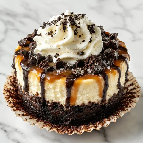 Loaded brownie cheesecake cup with caramel drizzle, Oreos, and whipped cream