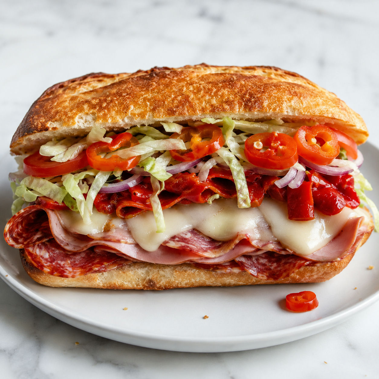 Loaded Calabrese hot sub with melted provolone and pickled cherry peppers