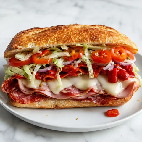 Loaded Calabrese hot sub with melted provolone and pickled cherry peppers