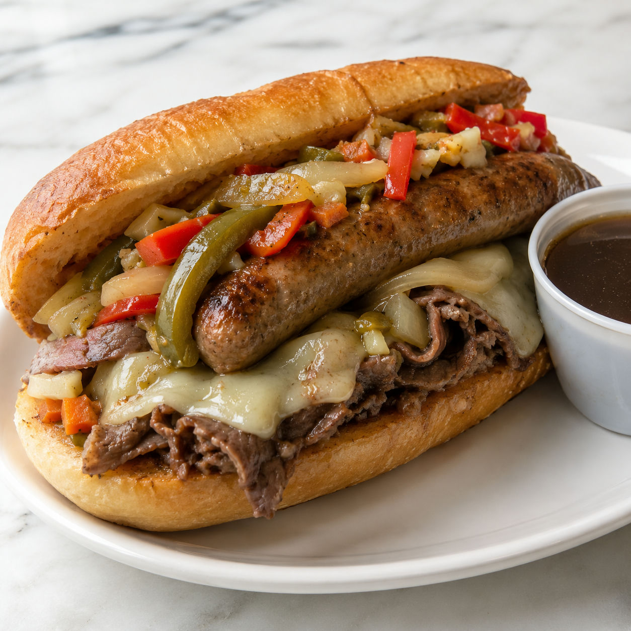 Loaded Italian beef and sausage sub with provolone, peppers, and giardiniera