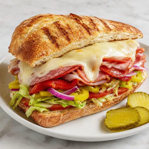 Loaded Italian sub panini with melted provolone and crisp ciabatta