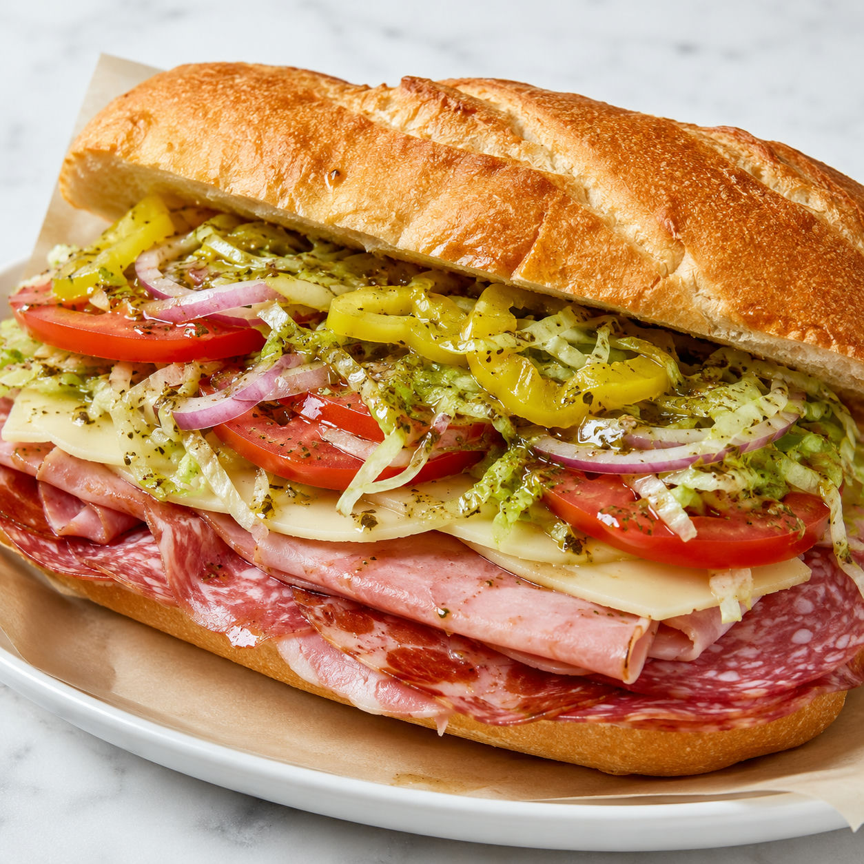 Loaded New York Italian hero with deli meats, provolone, lettuce, and peppers
