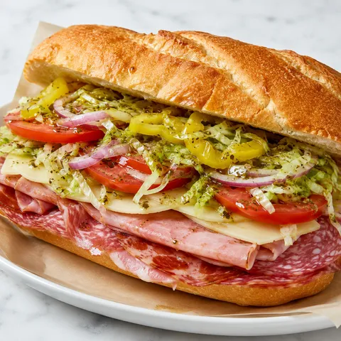 Loaded New York Italian hero with deli meats, provolone, lettuce, and peppers