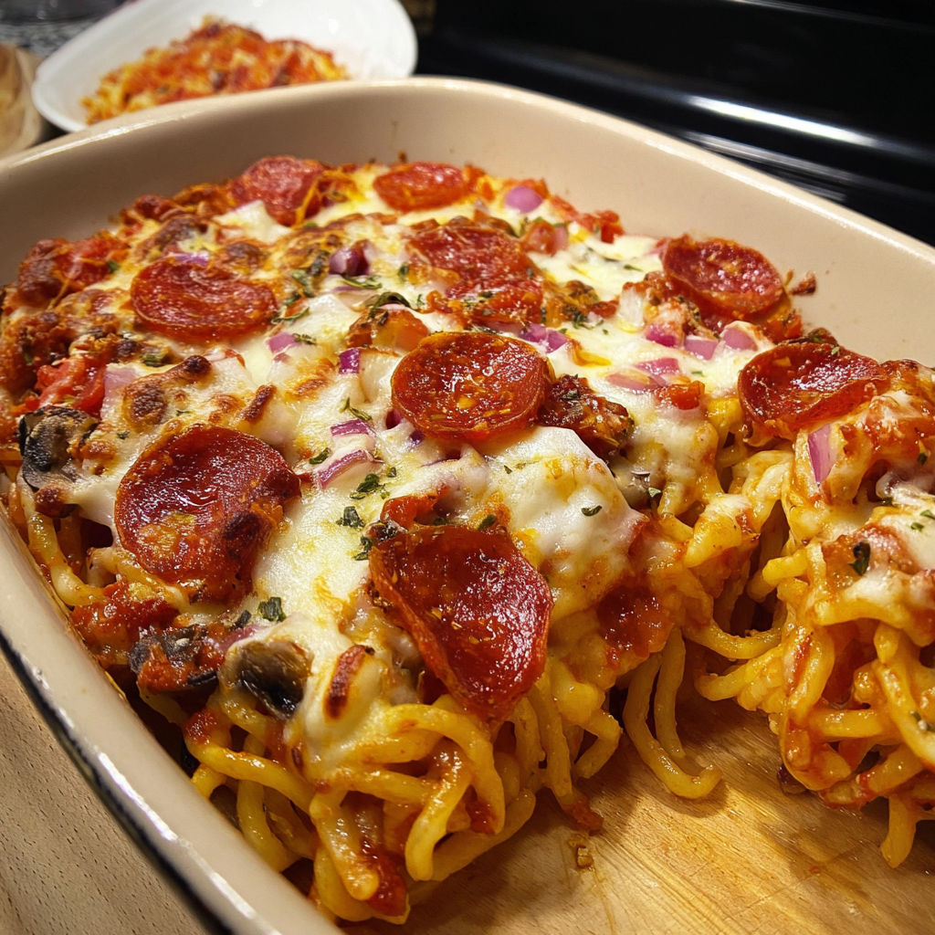Loaded Pizza Spaghetti Bake with Pepperoni, Bacon, and Olives