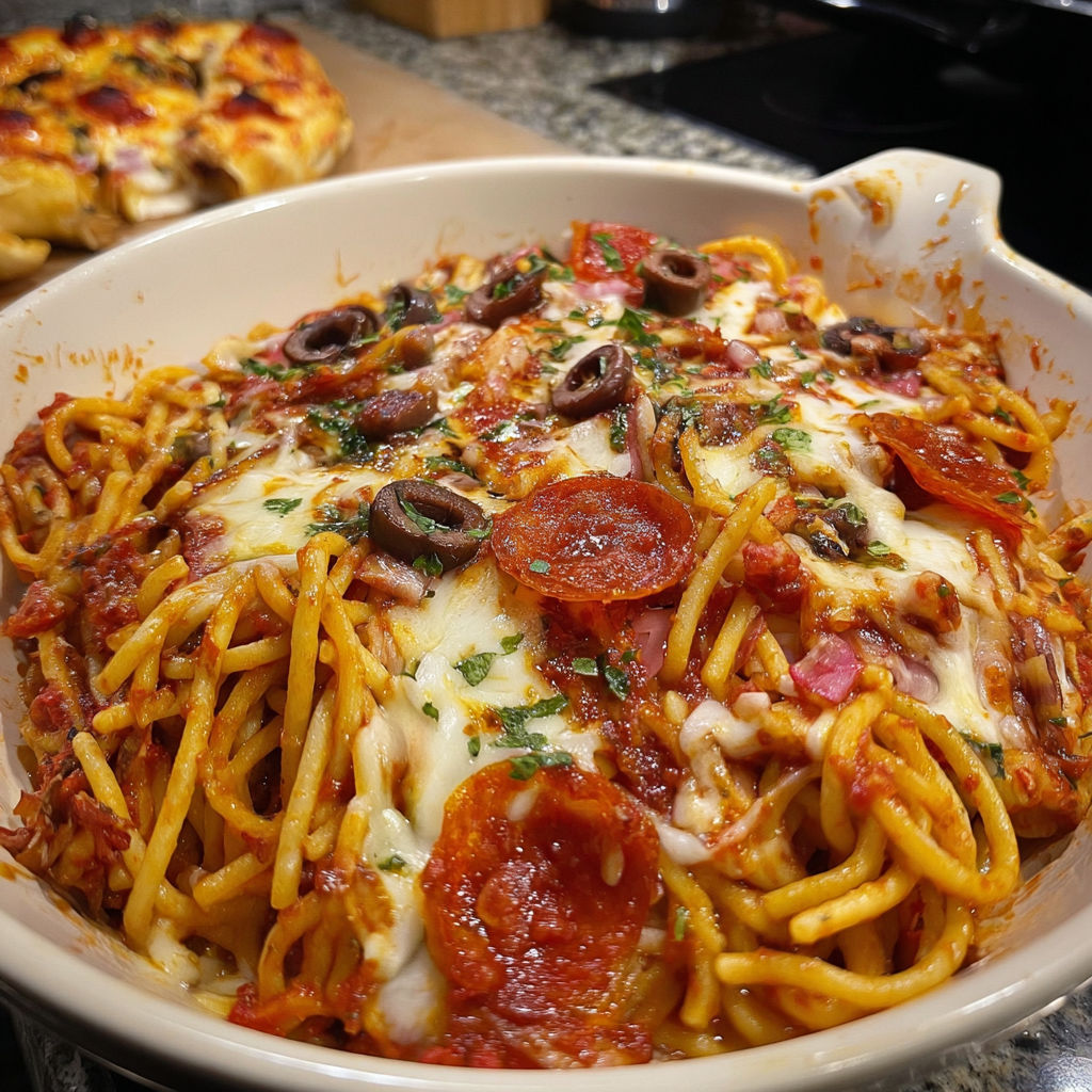 Loaded Pizza Spaghetti Bake with Pepperoni, Bacon, and Olives