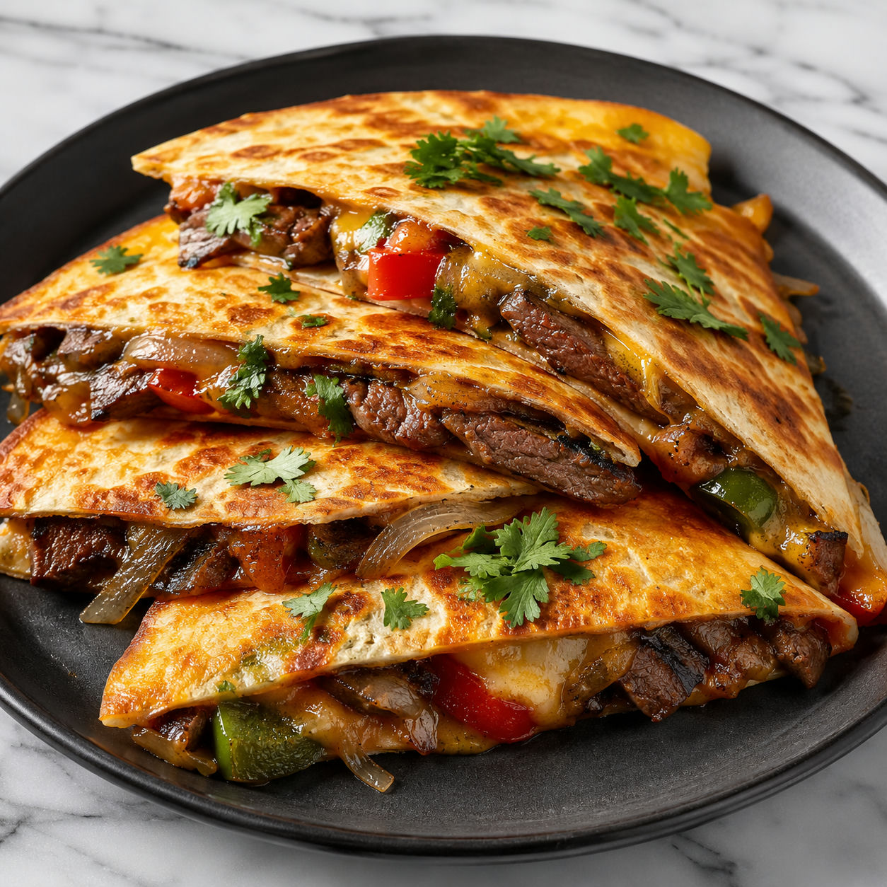 Loaded steak quesadilla wedges with molten cheese, charred peppers, sour cream and lime