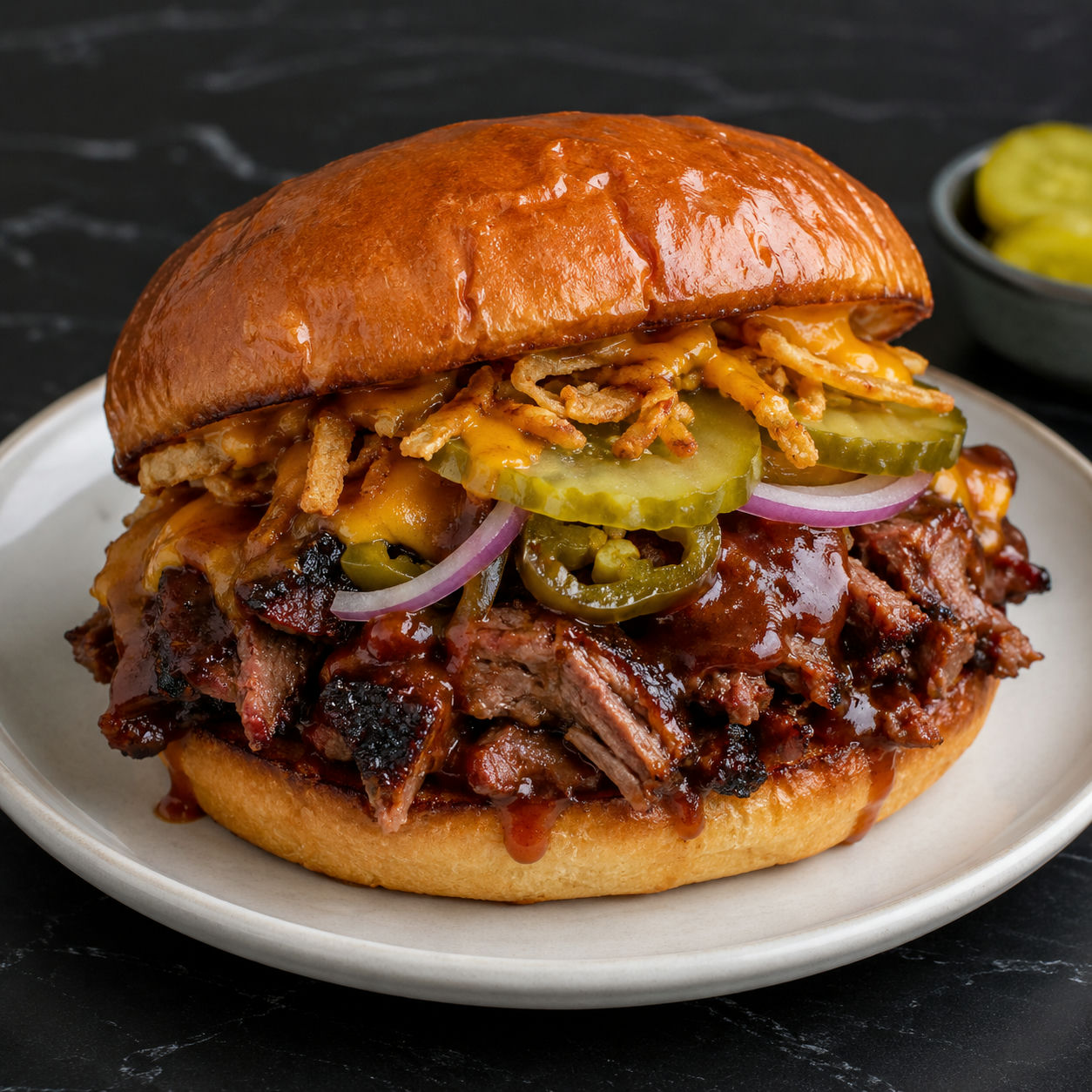 Loaded Texas brisket sandwich with cheddar, pickles, jalapenos, and crispy onions